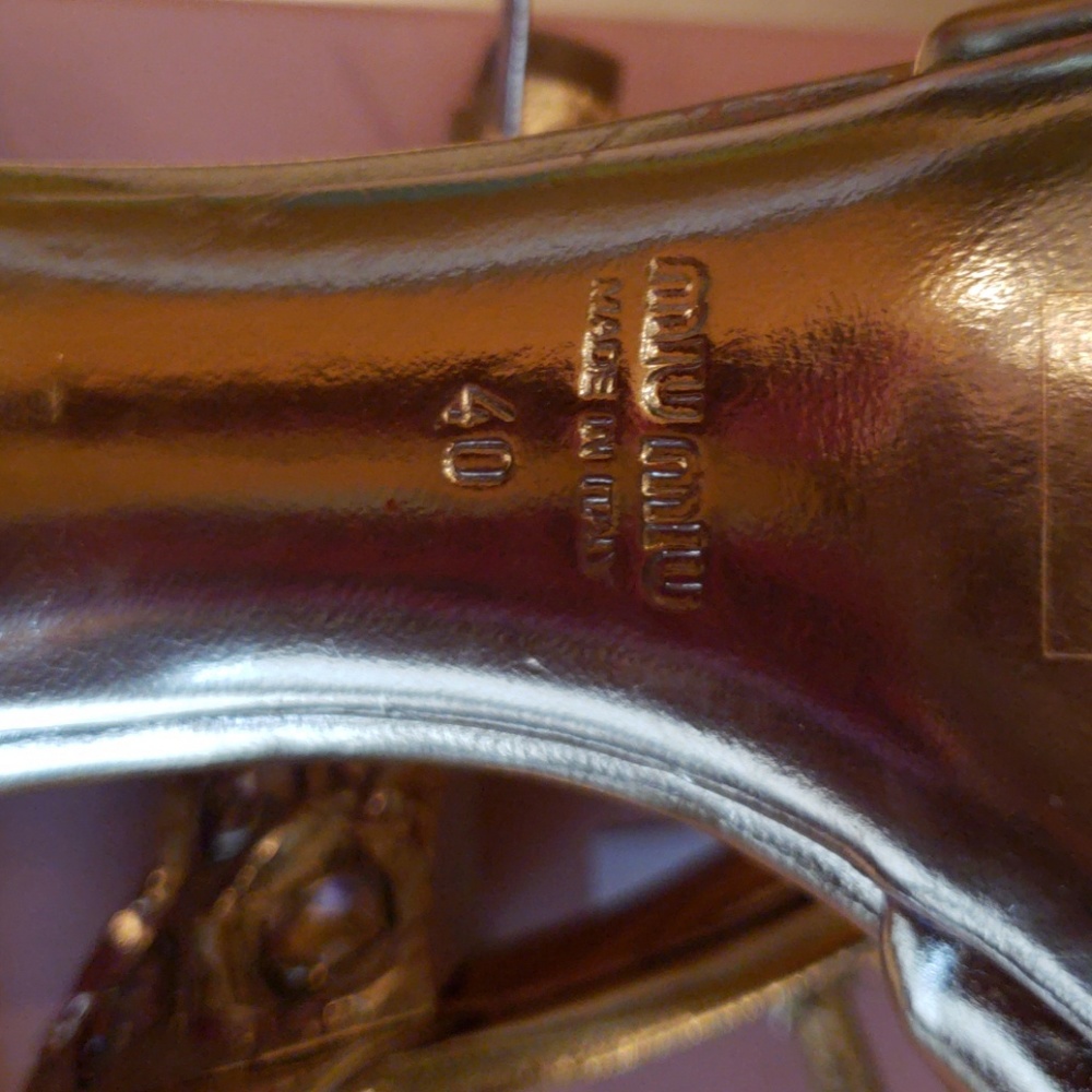 Miu Miu Metallic Gold Sandal with Jeweled Heel - Picture 6 of 7